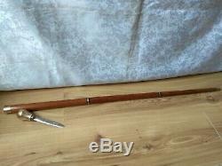 RARE Vintage carved Walking Stick wooden Cane with open Handle knife Bronze