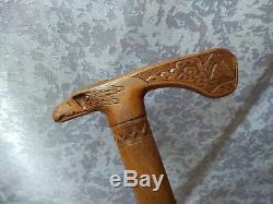 RARE Vintage old antique carved Walking Stick wooden Cane eagle