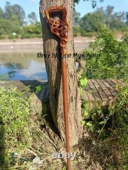 Ram Head Handle Walking Stick Wooden Hand Carved Animal Cane Style For Men Gift
