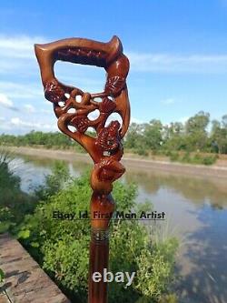 Ram Head Handle Walking Stick Wooden Hand Carved Animal Cane Style For Men Gift