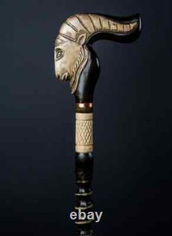 Ram Walking Stick Cane Brown Luxury Designer Art Stone Handle wooden shaft