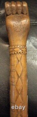 Rare 1914 Antique Folk Art Wood Carved Clinched Fist Wooden Walking Stick Cane