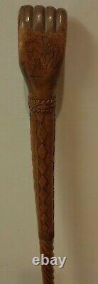 Rare 1914 Antique Folk Art Wood Carved Clinched Fist Wooden Walking Stick Cane