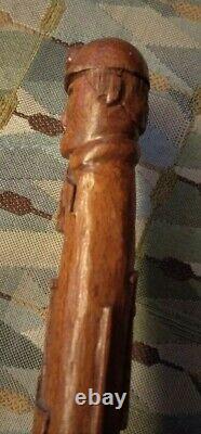 Rare Antique Folk Art Carved Miners head jewel tools Wooden Walking Stick Cane