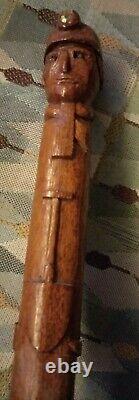 Rare Antique Folk Art Carved Miners head jewel tools Wooden Walking Stick Cane