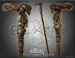 Raven & Skull Walking Stick Cane Wood Carved Gothic Magic Staff Wooden