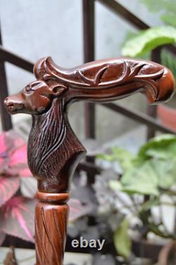 Reindeer Wooden Hand carved Cane Artistic Hand Carved Walking Stick for Style an