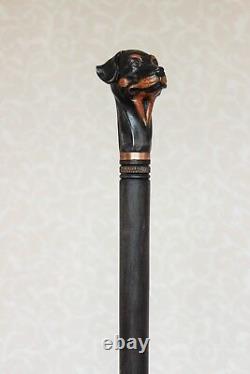 Rottweiler Walking stick Wood dog Hand carved handle Handmade wooden cane