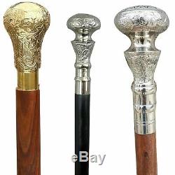 Set of 3 Antique Walking Cane Wooden Stick Vintage Brass Handle Vintage Antique