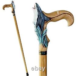 Shark Wooden Cane Walking Stick Solid Wood Carved Fish Cane, Handpainted Sea