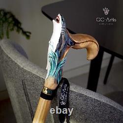 Shark Wooden Cane Walking Stick Solid Wood Carved Fish Cane, Handpainted Sea