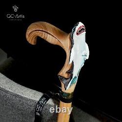 Shark Wooden Cane Walking Stick Solid Wood Carved Fish Cane, Handpainted Sea