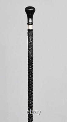 Silver Detailed Black Handcarved Cane, Handmade Stylish Wooden Walking Stick
