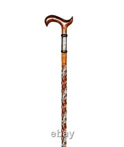 Silver Detailed Wooden Cane, Handmade Brown Walking Stick