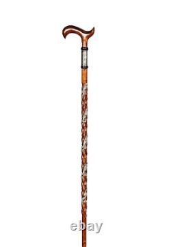 Silver Detailed Wooden Cane, Handmade Brown Walking Stick