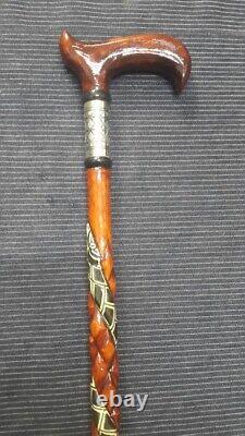 Silver Detailed Wooden Cane, Handmade Brown Walking Stick