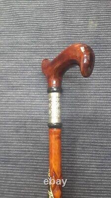 Silver Detailed Wooden Cane, Handmade Brown Walking Stick