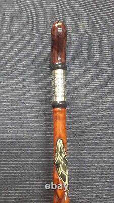 Silver Detailed Wooden Cane, Handmade Brown Walking Stick