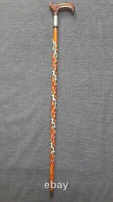 Silver Detailed Wooden Cane, Handmade Brown Walking Stick