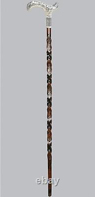 Silver Headed Unique Wooden Walking Stick, High Quality Special Carved Cane