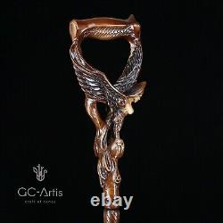 Siren Wooden Walking Stick Cane Fantasy Style Winged Woman Hand Carved Crafted