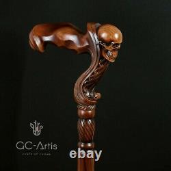Skull Cane Wooden Walking Stick Ergonomic Palm Grip Handle Wood Carved Walking