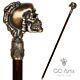 Skull Head Walking Stick Brass Cane Metal Bronze Top Knob Handle Wooden Shaft 36