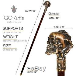 Skull Head Walking Stick Brass Cane Metal Bronze top Knob handle wooden shaft 36