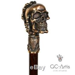 Skull Head Walking Stick Brass Cane Metal Bronze top Knob handle wooden shaft 36
