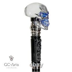 Skull Walking Stick cane black wooden shaft Goth Style Clear Top Knob Handle