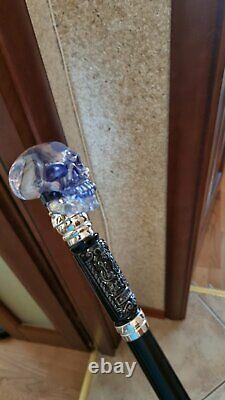 Skull Walking Stick cane black wooden shaft Goth Style Clear Top Knob Handle