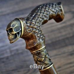 Skull Wooden Walking Stick Cane Hiking Unique Handmade Bronze Oak Beech
