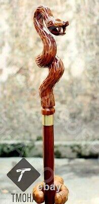 Snake Cobra Handle Wooden Walking Stick Hand Carved Walker Cane Handmade Gift