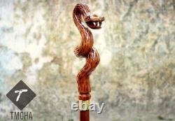 Snake Cobra Handle Wooden Walking Stick Hand Carved Walker Cane Handmade Gift