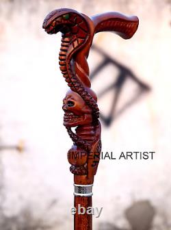 Snake Cobra Skull Head Wooden Walking Stick Ergonomic Palm Grip Handle Wood