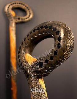 Snake Woodcarved Cane Walking Stick Wooden Unique Handmade Cane Hiking Staff Eco