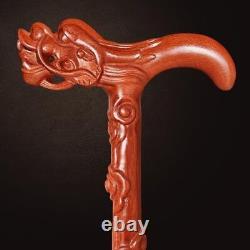 Solid Wooden Walking Cane, Hand-Carved Dragon Cane, Walking Cane for Orange red
