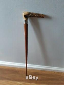 Stag horn handle Malacca Wooden Walking stick 1888 fn silver, 33 inches