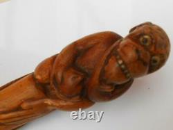 Super Antique Vintage Quality Carved Wooden Monkey Walking Stick Cane Handle