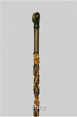 Sycamore Leaf Embroidered Special Handmade Walking Stick, Handcarved Wooden Cane
