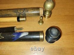 TWO Vintage Convertible Cane Pool Cue Brass Carved Wood Walking Sticks WW2 Japan