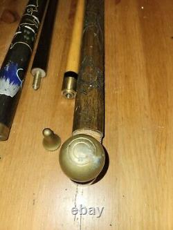 TWO Vintage Convertible Cane Pool Cue Brass Carved Wood Walking Sticks WW2 Japan