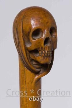 Terminator wood Skull head hand Handle Stick Wooden Carved Walking Cane handmade