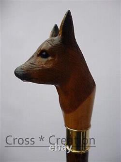 Thylacine Wolf Roe Head Handle Carved Wooden Walking Stick Cane Unique Item Gift