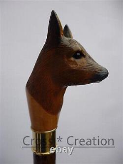 Thylacine Wolf Roe Head Handle Carved Wooden Walking Stick Cane Unique Item Gift
