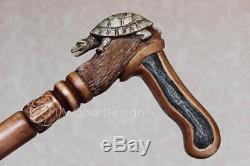 Turtle Wooden cane Hand carved Walking stick with craft handle Elegant hiki NW62