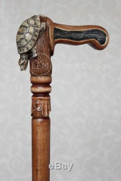 Turtle Wooden cane Hand carved Walking stick with craft handle Elegant hiki NW62