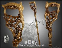 Unique Hand carved Walking Stick Cane Hiking Staff Wooden Handle Handmade Ram