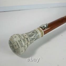 Unique Scrimshaw Topped Cane, 36 Wooden Decorative Walking Stick