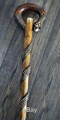 Unique Wooden Walking Stick Cane Hiking Staff hand carved Handmade Snake